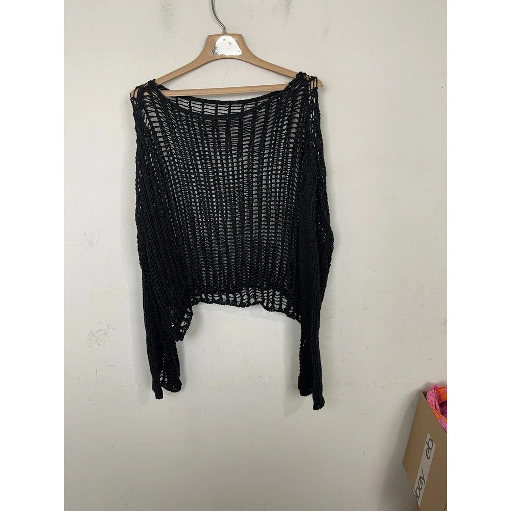 SHEIN Womens Black Open Knit Crochet Sheer Mesh Boxy Crop Sweater‎ Large L - Picture 2 of 8